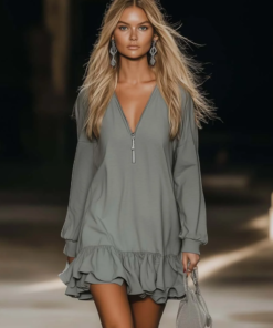 Casual Loose Fashion Zipper V-neck Long Sleeve Lotus Leaf Hem Gray Mini Dress