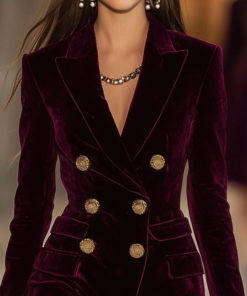 Casual Loose Vintage Ancora Red Velvet Double Breasted Pocket Blazer Mini Dress