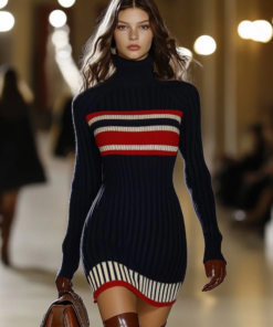 Retro French Elegant Fashionable High Collar Red And White Striped Dress