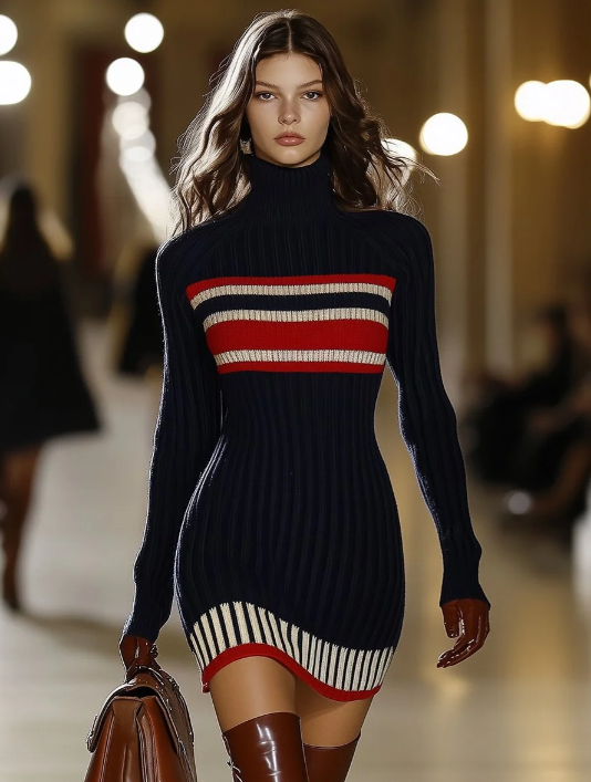 Retro French Elegant Fashionable High Collar Red And White Striped Dress