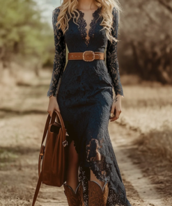 Vintage Bohemian Blue Lace Long Sleeve Midi Dress