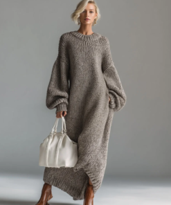 Elegant Urban Silhouette Round Neck Heathered Khaki Knitted Maxi Dress