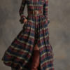 Retro Ethnic Style Lapel Reddish Brown Plaid Maxi Dress
