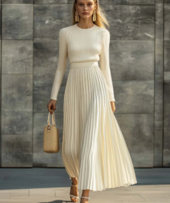 Elegant Casual And Comfortable Long-sleeved Cream Knitted Satin Pleated Hem Maxi Dress