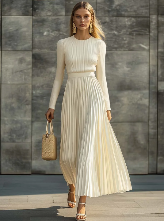 Elegant Casual And Comfortable Long-sleeved Cream Knitted Satin Pleated Hem Maxi Dress