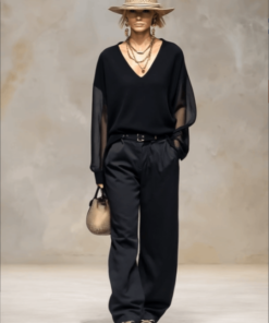 Breathable And Casual Comfortable V-neck Transparent Long-sleeved Black Knitted Blouse Top