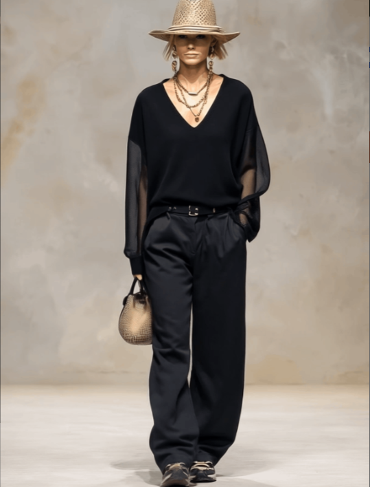 Breathable And Casual Comfortable V-neck Transparent Long-sleeved Black Knitted Blouse Top