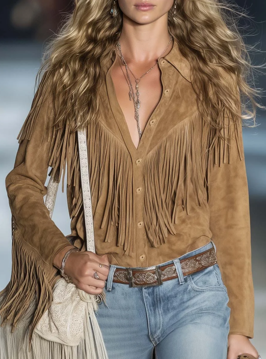 Casual Vintage Western Button Front Tassel Long Sleeve Light Brown Fuax Suede Shirt Top