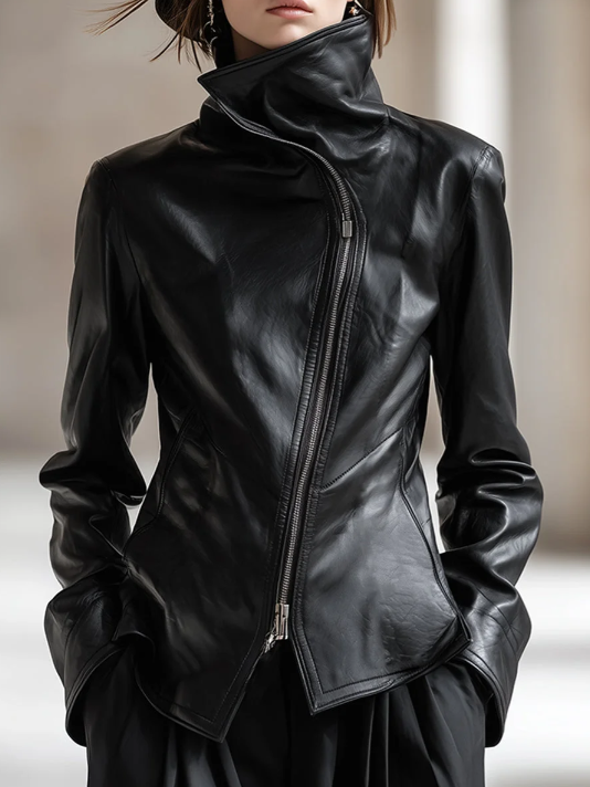 Personality And Fashion High Collar Oblique Zipper Black PU Jacket - Image 2