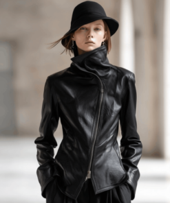 Personality And Fashion High Collar Oblique Zipper Black PU Jacket