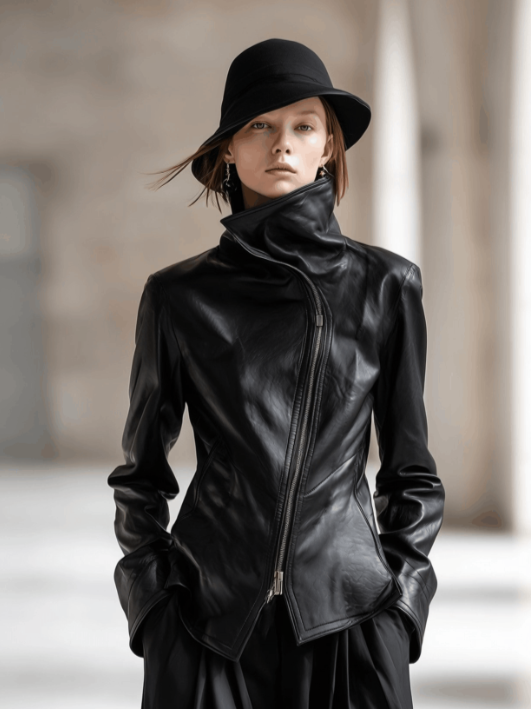 Personality And Fashion High Collar Oblique Zipper Black PU Jacket