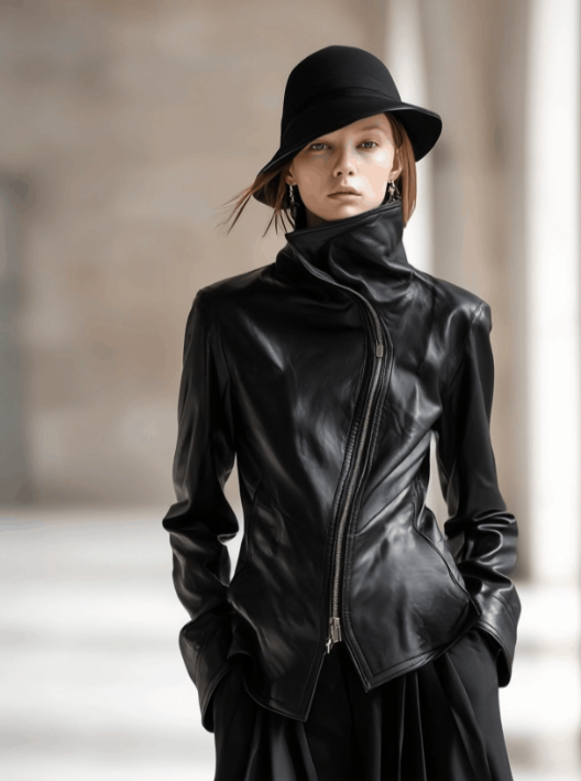 Personality And Fashion High Collar Oblique Zipper Black PU Jacket - Image 4