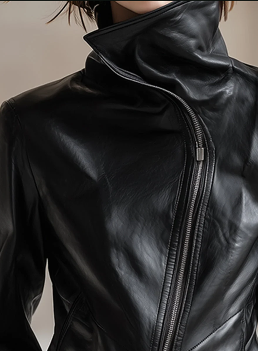 Personality And Fashion High Collar Oblique Zipper Black PU Jacket - Image 5