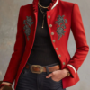Ruffled Stand-up Collar Single-breasted Rose Embroidered Woolen Jacket