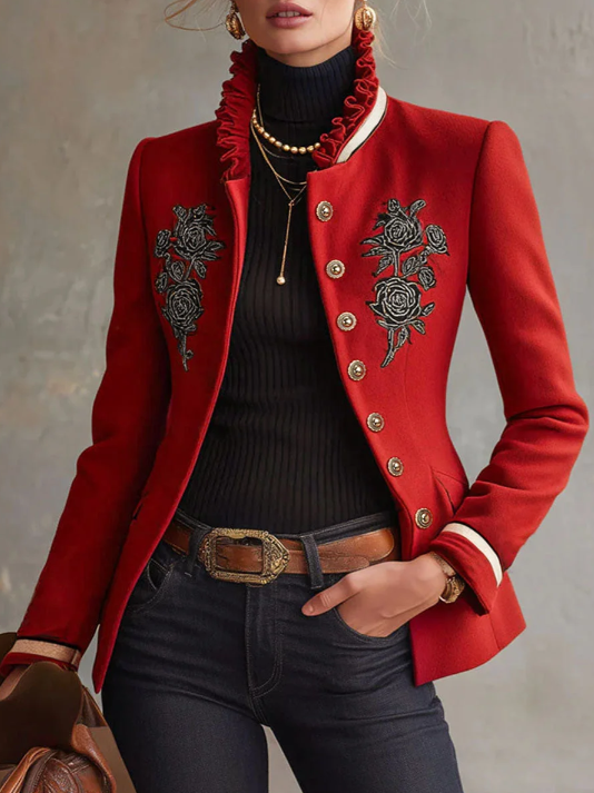 Ruffled Stand-up Collar Single-breasted Rose Embroidered Woolen Jacket