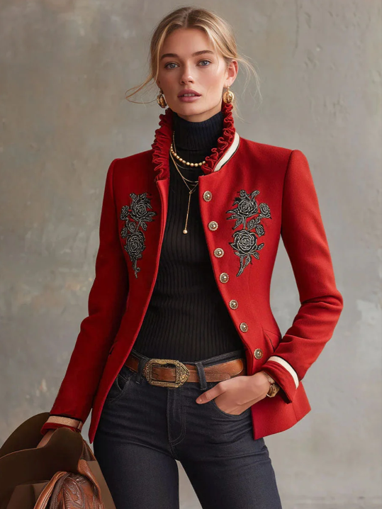 Ruffled Stand-up Collar Single-breasted Rose Embroidered Woolen Jacket - Image 3