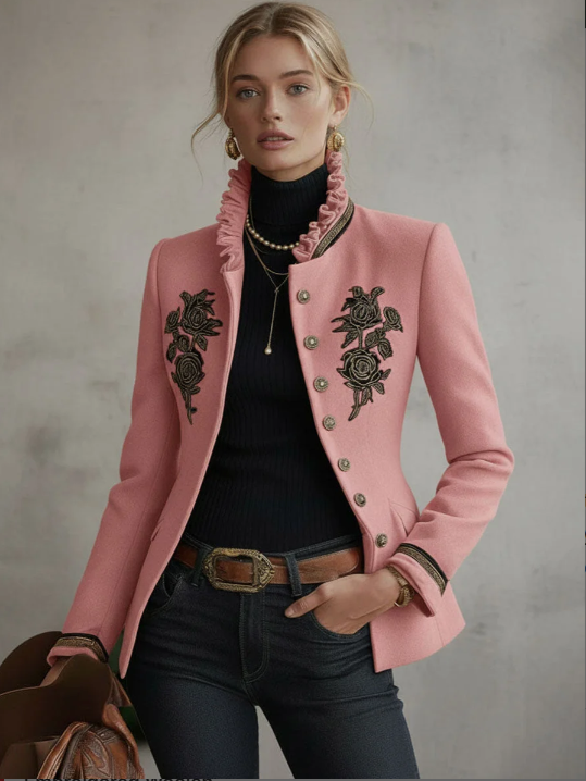 Ruffled Stand-up Collar Single-breasted Rose Embroidered Woolen Jacket - Image 4