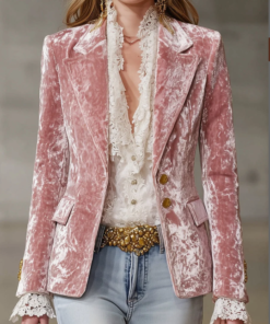Fashion Retro Pink Velvet Gold Button Blazer
