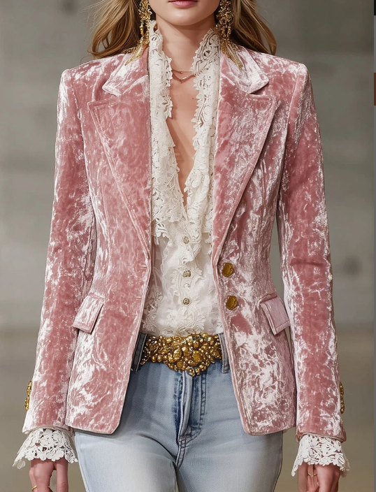 Fashion Retro Pink Velvet Gold Button Blazer