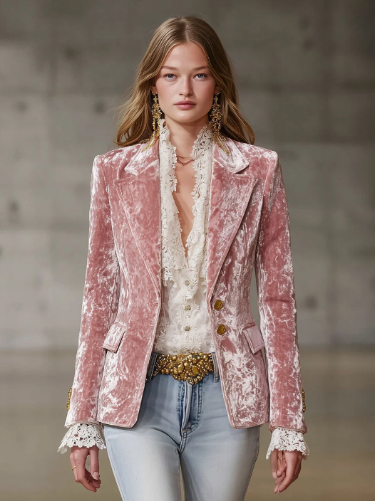 Fashion Retro Pink Velvet Gold Button Blazer - Image 5