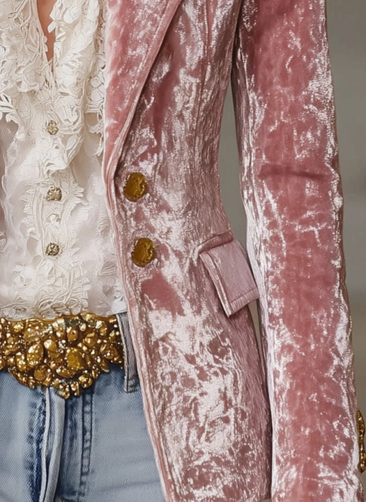 Fashion Retro Pink Velvet Gold Button Blazer - Image 2