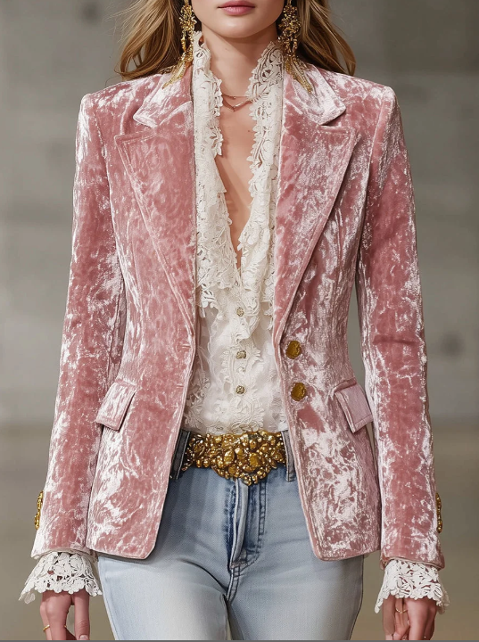 Fashion Retro Pink Velvet Gold Button Blazer - Image 3