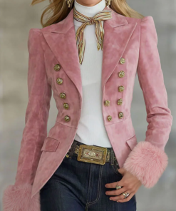 Lapel Multi-button Faux Suede And Fur Blazer