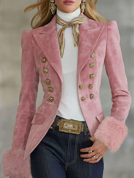 Lapel Multi-button Faux Suede And Fur Blazer
