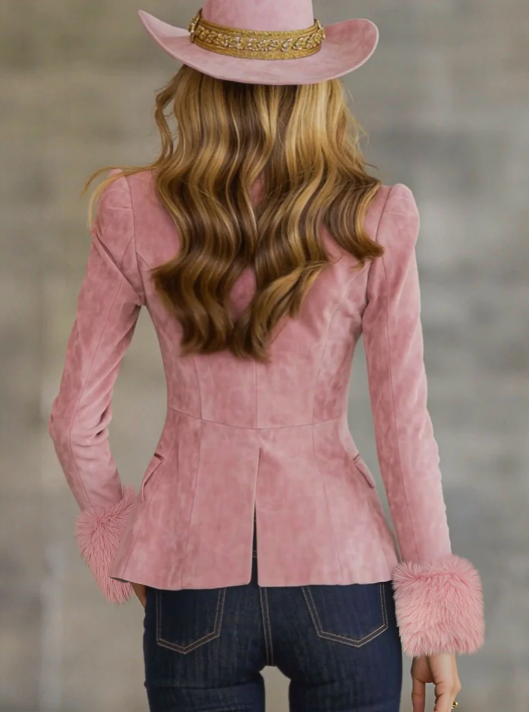 Lapel Multi-button Faux Suede And Fur Blazer - Image 3