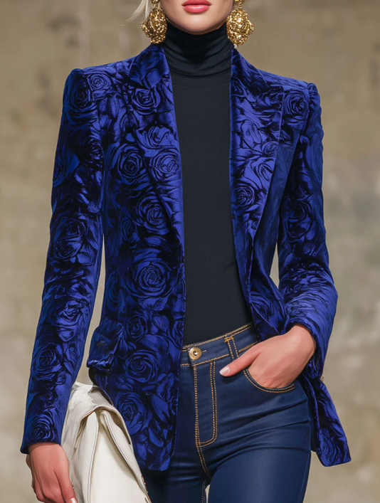 Royal Blue Rose Print Velvet Lapel Blazer - Image 2