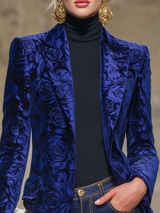 Royal Blue Rose Print Velvet Lapel Blazer - Image 3