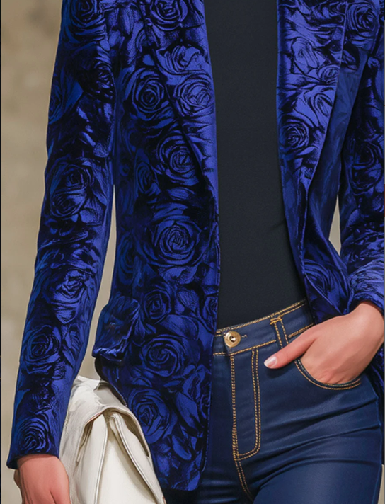 Royal Blue Rose Print Velvet Lapel Blazer - Image 4