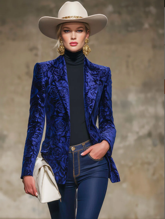 Royal Blue Rose Print Velvet Lapel Blazer