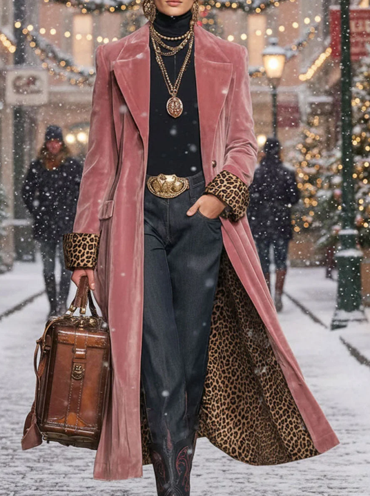 Lapel Single-breasted Velvet And Leopard Print Coat - Image 2