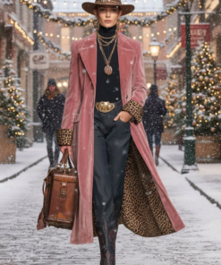 Lapel Single-breasted Velvet And Leopard Print Coat