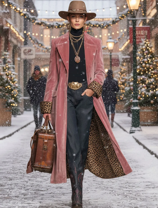 Lapel Single-breasted Velvet And Leopard Print Coat