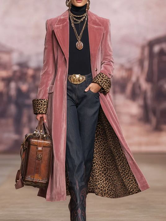 Lapel Single-breasted Velvet And Leopard Print Coat - Image 4