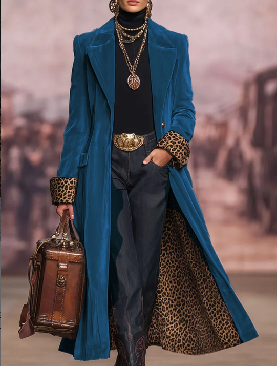 Lapel Single-breasted Velvet And Leopard Print Coat - Image 5