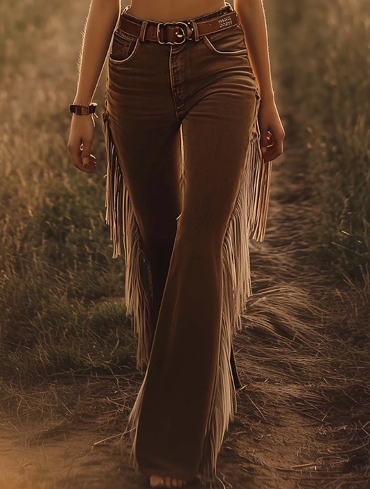 Vintage Western Brown Fringe Flared Jeans