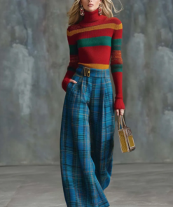 Vintage Fashion Versatile Blue Plaid Wide-leg Pants