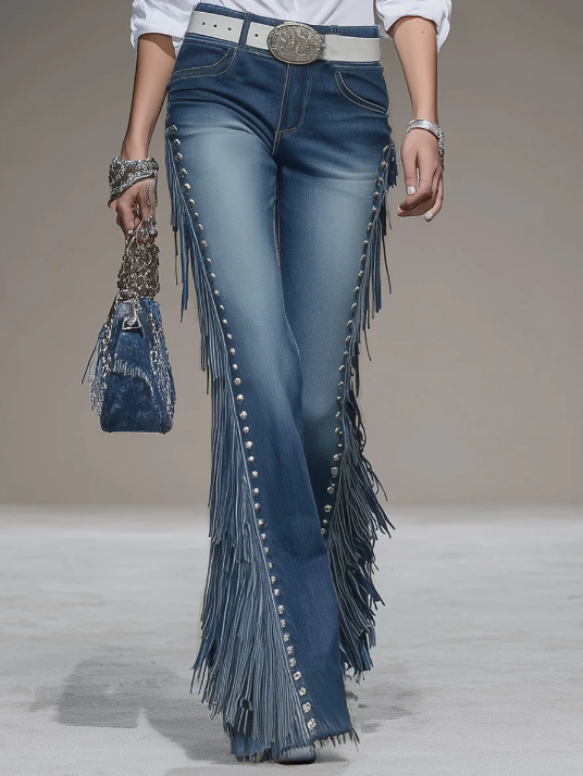 Western Blue Denim Side Tassel Rivet Flared Pants - Image 2