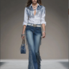 Western Blue Denim Side Tassel Rivet Flared Pants
