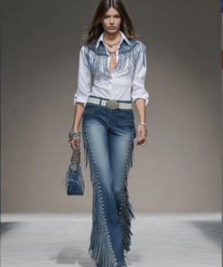 Western Blue Denim Side Tassel Rivet Flared Pants