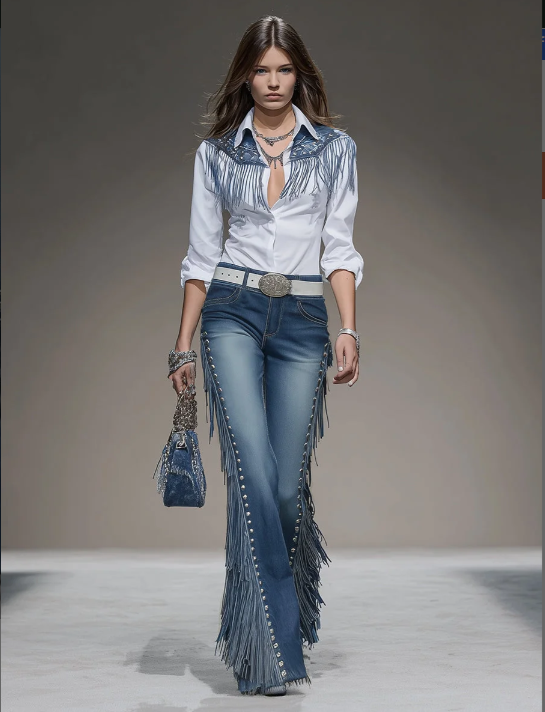 Western Blue Denim Side Tassel Rivet Flared Pants
