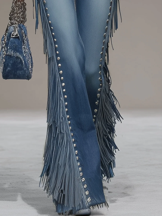 Western Blue Denim Side Tassel Rivet Flared Pants - Image 5