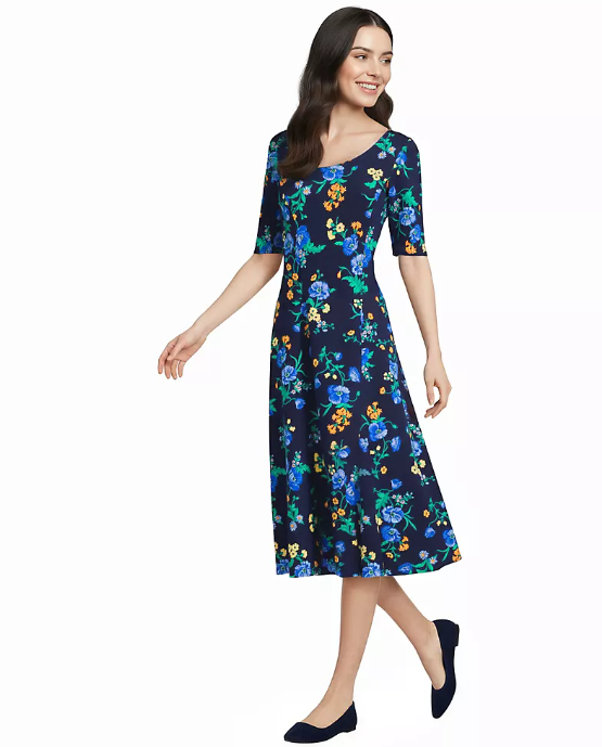 Women's Starfish Elbow Sleeve Midi Fit and Flare Dress - Image 2