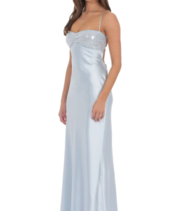 Sequin Bust Satin Maxi Dress in Light Blue