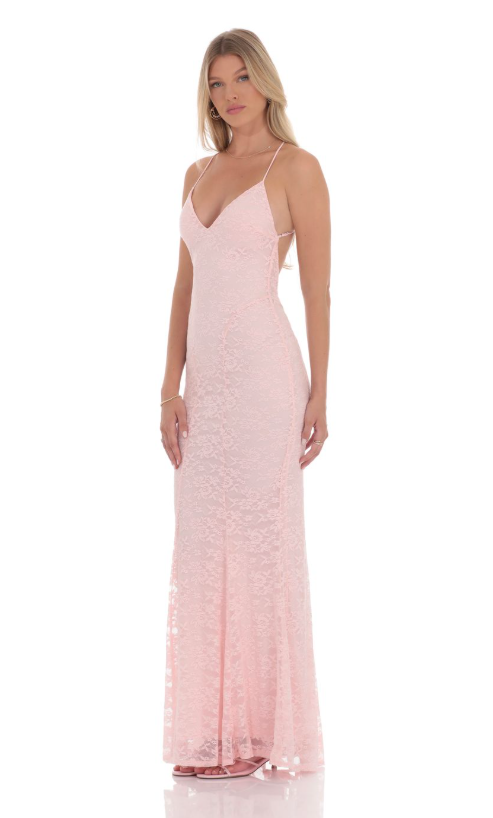 Lace V-Neck Mermaid Dress in Pink
